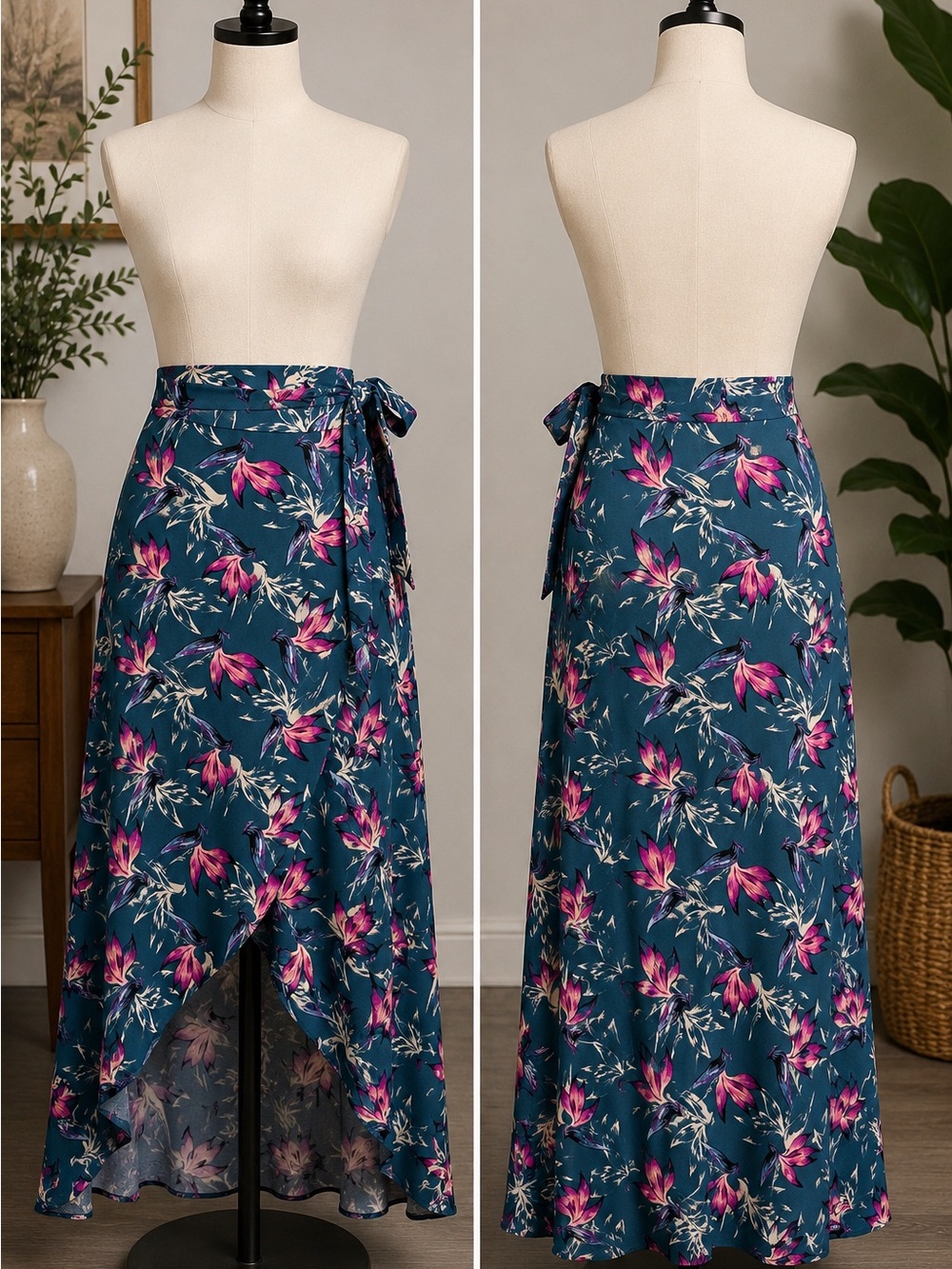 living doll Teal Floral High-Low Wrap Skirt with Pink and Cream Accents